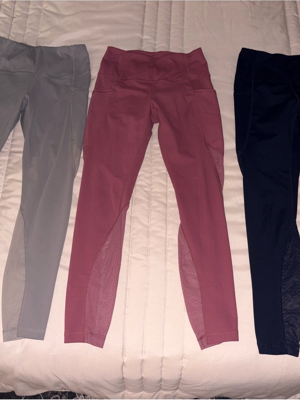 3 pairs of active life leggings - grey, mauve, & dark blue